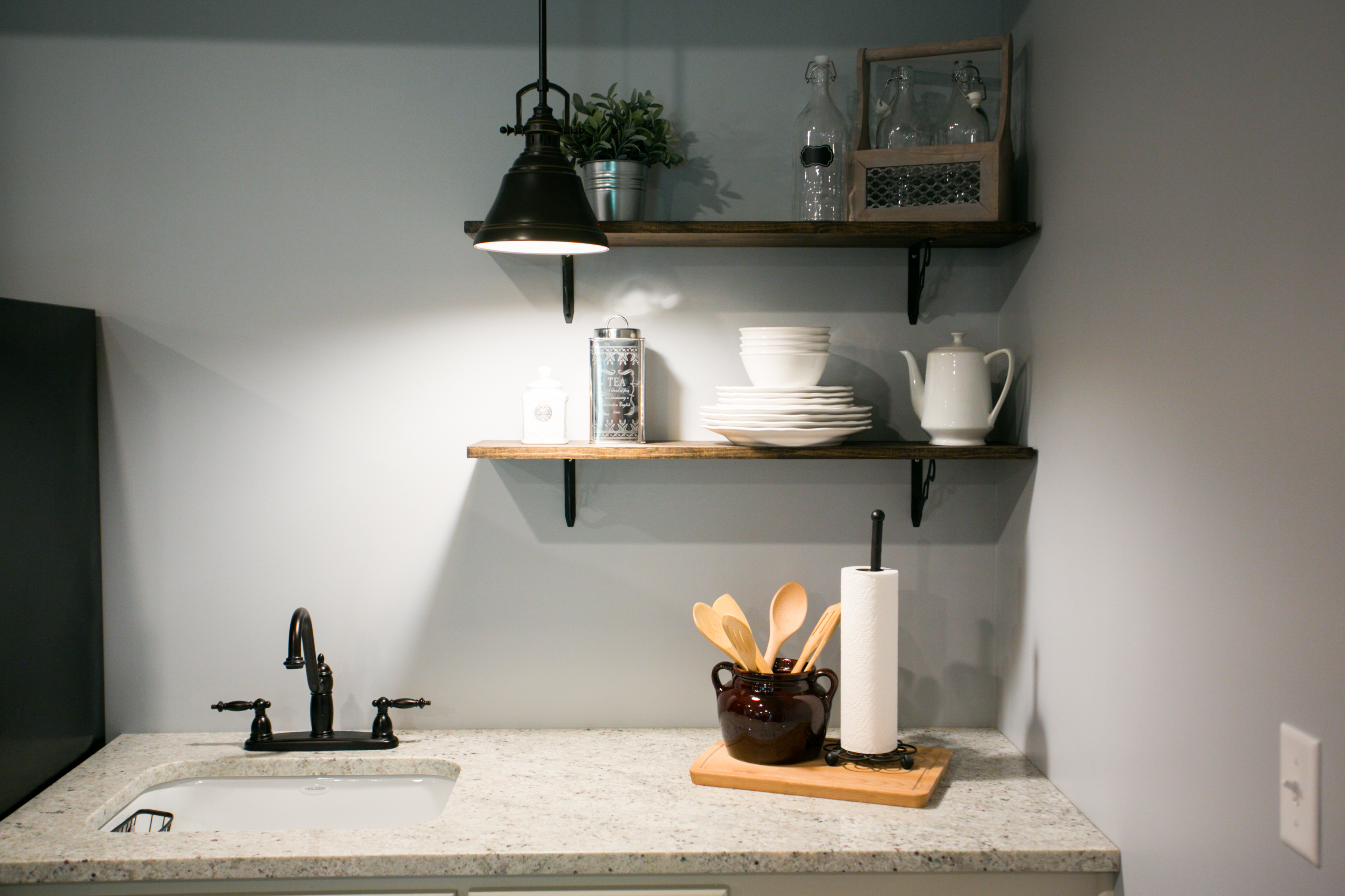 granite countertop-minimal shelving-