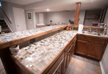 glass countertop-glass tile countertop- bar- basement-custom cabinets